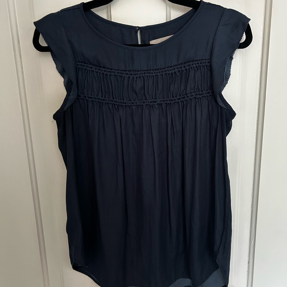 LOFT Navy Sleeveless Smocked Yoke Blouse